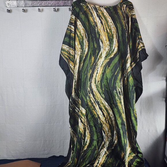 Bobbie Brooks Vtg Green Black Gold Abstract Stripe Cinch Waist Poly Kaftan OSFM - Picture 12 of 16